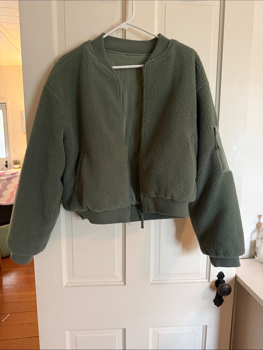 Source Unknown Olive Green Sherpa Bomber Jacket